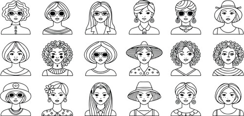 Diverse group of female avatars wearing hats and sunglasses in a black and white pixel art style