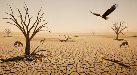 An eagle soars above a desolate, sun-scorched desert where deer wander across the cracked earth, a stark vision of drought and survival