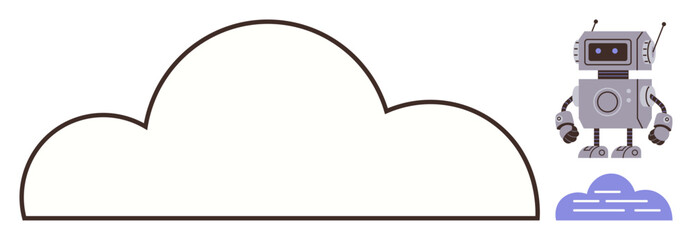 Cloud outline connected with a robotic figure, representing technology, AI, and digital transformation. Ideal for data storage, innovation, automation, connectivity, futuristic design computing