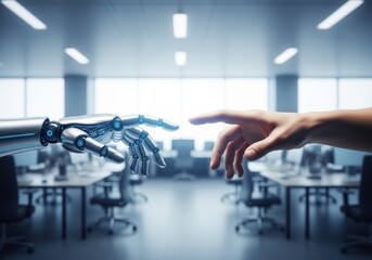 Human hand reaching out to touch a robot hand in a modern office, symbolizing the connection between humans and artificial intelligence