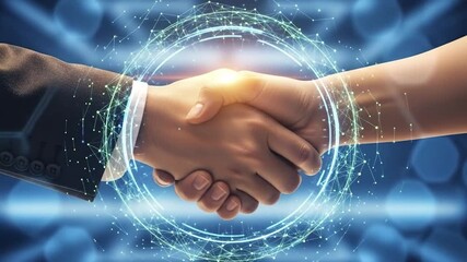 A powerful and modern handshake between two individuals is accentuated by an illuminated, interconnected digital network overlay, signifying global collaboration, advanced technological partnerships,  - Powered by Adobe