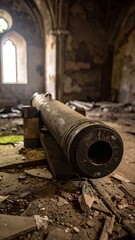 Cannon sits in decaying room, light shines through window