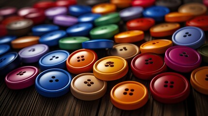 Assortment of vibrant, retro buttons scattered on textured wooden backdrop