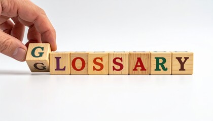 Colorful wooden cubes spelling words 'GLOSSARY' holding by man hand isolated on white background