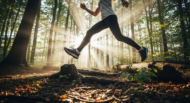Young woman overcomes forest obstacles with determination and agility during morning jog, bottom view