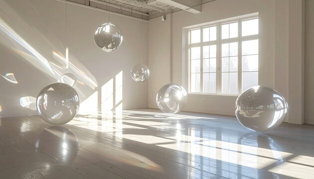 Shiny spheres in light-filled room - Powered by Adobe