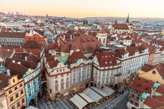 Cityscape of the old city of Prague by sunset blue hour, Prague, Czech Republic, nobody