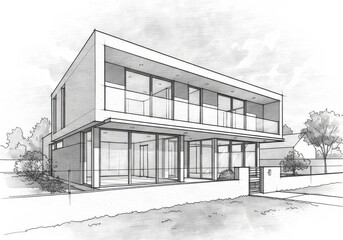 Architectural sketch of a modern house with large windows and a minimalist design, surrounded by trees and a wellmanicured lawn