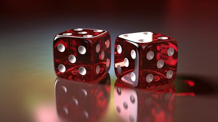 Two red dice reflecting light on a glossy surface for game night invitation