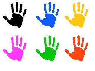 Hand rainbow print isolated on white background. Color child handprint. Creative paint hands prints. Happy childhood design. Artistic kids stamp, bright human fingers and palm. 