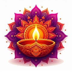 Indian festival happy diwali oil lamp or diya with mandala style vector illustration on white background