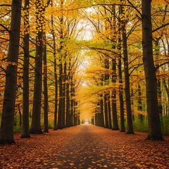 Autumnal Avenue - A Path Through Golden Trees in Fall.