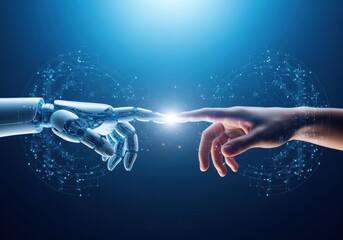 Human and robot hands reaching out to each other, symbolizing connection, technology, artificial intelligence and future