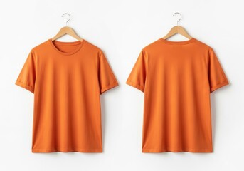 Front and back views of an orange tshirt hanging on a hanger isolated on white background basic tshirt for everyday wear and casual style