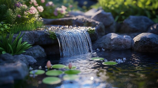 A serene waterfall cascades over mossy rocks into a tranquil pond, surrounded by lush greenery and vibrant flowers in a peaceful garden setting - Powered by Adobe