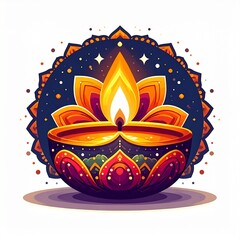 Indian festival happy diwali oil lamp or diya with mandala style vector illustration on white background