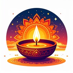 Indian festival happy diwali oil lamp or diya with mandala style vector illustration on white background