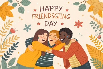 Three diverse friends joyfully embracing and laughing together surrounded by autumn leaves and floral elements celebrating friendsgiving day with warm colors and a happy atmosphere