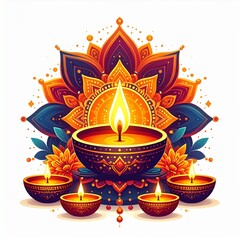 Indian festival happy diwali oil lamp or diya with mandala style vector illustration on white background