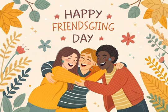 Three diverse friends joyfully embracing and laughing together surrounded by autumn leaves and floral elements celebrating friendsgiving day with warm colors and a happy atmosphere