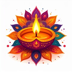Indian festival happy diwali oil lamp or diya with mandala style vector illustration on white background