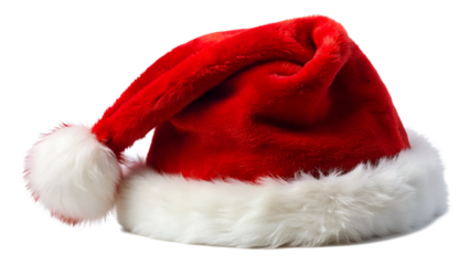 A fluffy red santa hat with a white trim and pompom, isolated on a transparent background, perfect for christmas and holiday themes