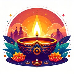 Happy diwali oil lamp or diya vector illustration on white background