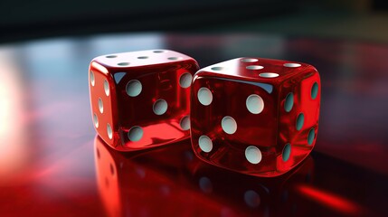 Captivating Red Dice Duo on Glossy Surface Reflecting Warm Light Ambience