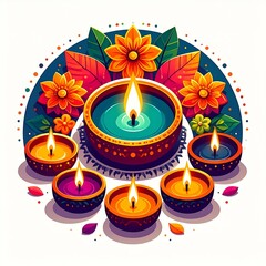 Group of happy diwali oil lamps or diya vector illustration on white background