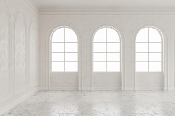 Fototapeta premium Modern luxury European white wall room and marble stone floor with sunlight through arched windows.