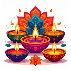 Group of happy diwali oil lamps or diya vector illustration on white background