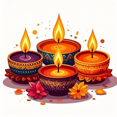 Group of happy diwali oil lamps or diya vector illustration on white background