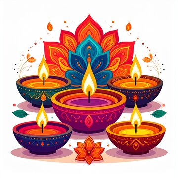 Group of happy diwali oil lamps or diya vector illustration on white background