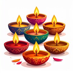 Group of happy diwali oil lamps or diya vector illustration on white background