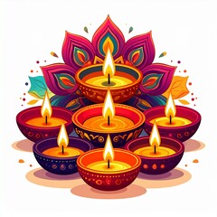 Group of happy diwali oil lamps or diya vector illustration on white background