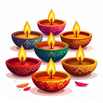 Group of happy diwali oil lamps or diya vector illustration on white background