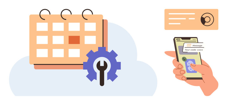 Calendar with wrench gear, cloud storage, hand holding phone for secure verification, and menu notification. Ideal for scheduling, planning, security, technology, productivity authentication task