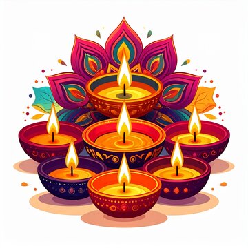 Group of happy diwali oil lamps or diya vector illustration on white background