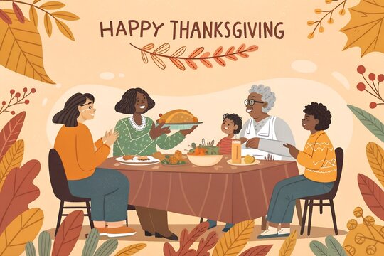 Happy thanksgiving illustration of a diverse family gathered around a table enjoying a festive meal with a roasted turkey and autumn foliage decorations