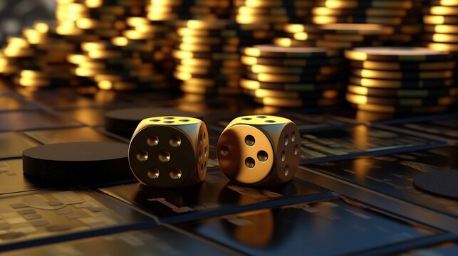 Elegant golden dice with chips on game board, symbol of chance and strategy