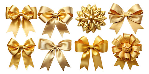 Collection of golden satin gift bows and rosettes isolated on transparent background