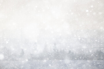snowfall, abstract nature background, heavily blurred landscape, blizzard and white snow backdrop