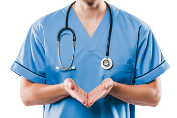Caring doctor offers support with open hands and stethoscope for your health