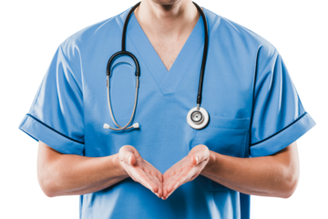 Caring doctor offers support with open hands and stethoscope for your health