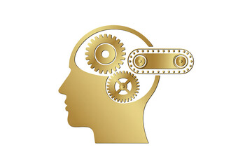 Creative thinking concept with golden gears inside human head showing innovation