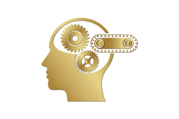 Creative thinking concept with golden gears inside human head showing innovation