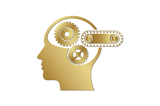 Creative thinking concept with golden gears inside human head showing innovation