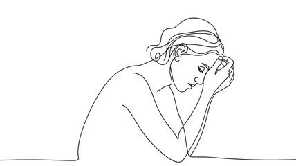 Minimalist outline depicting sorrowful woman with head in hands, feeling despair