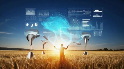 Farmer utilizing futuristic agricultural technology in a wheat field with data visualization - Powered by Adobe