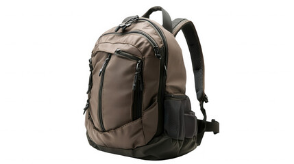 A studio shot of a khaki colored backpack with black accents against a black background in soft lighting on transparent background